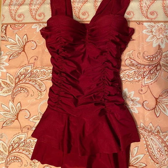 Exquisite Swim Dress in a Dark Raspberry Red Ruched Wide Straps Tiered Skirt - Picture 9 of 16